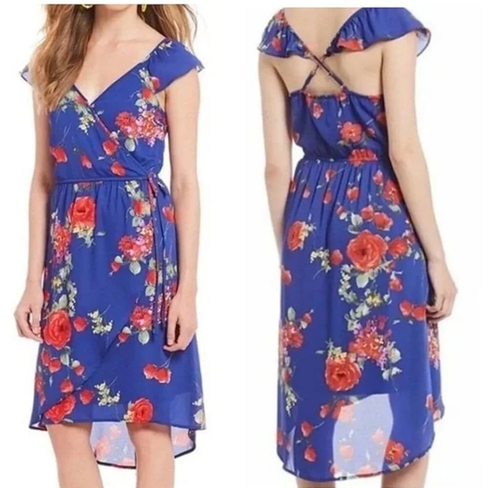 Anthropologie Skies Are Blue Size M Blue Red Floral Flowy Faux Wrap Summer Dress